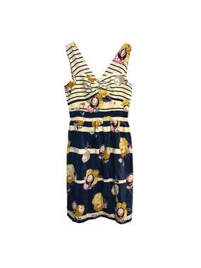 Anthropologie Burlapp V-Neck Floral Striped Silk Dress XS Sleeveless Shift Retro